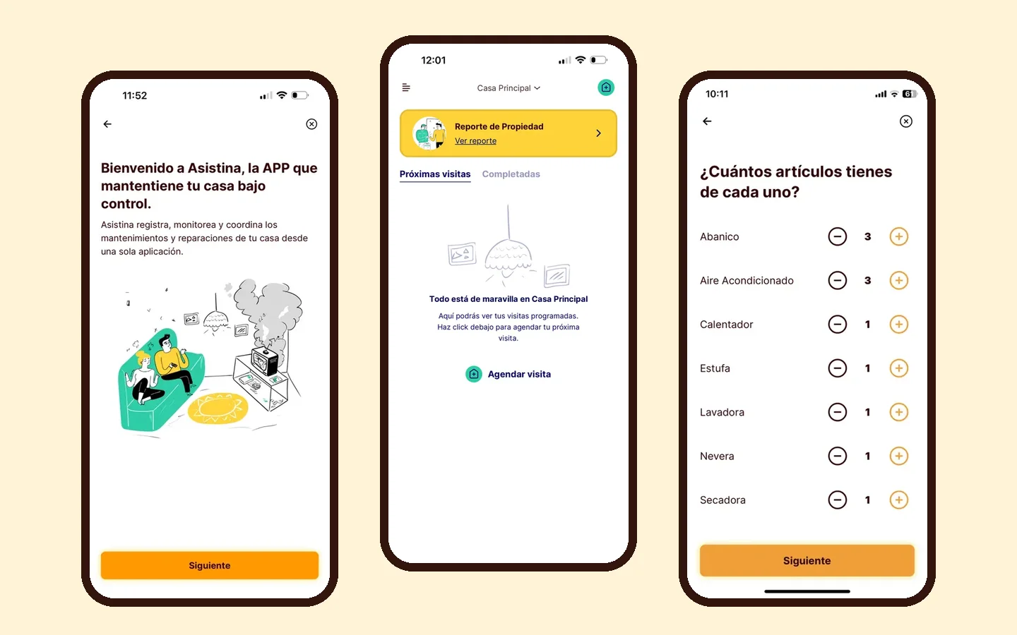 Asistina app: welcome screen, home with property report and appliance onboarding