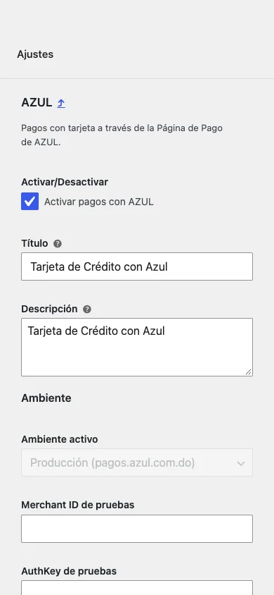 Azul Payments for WooCommerce settings on mobile
