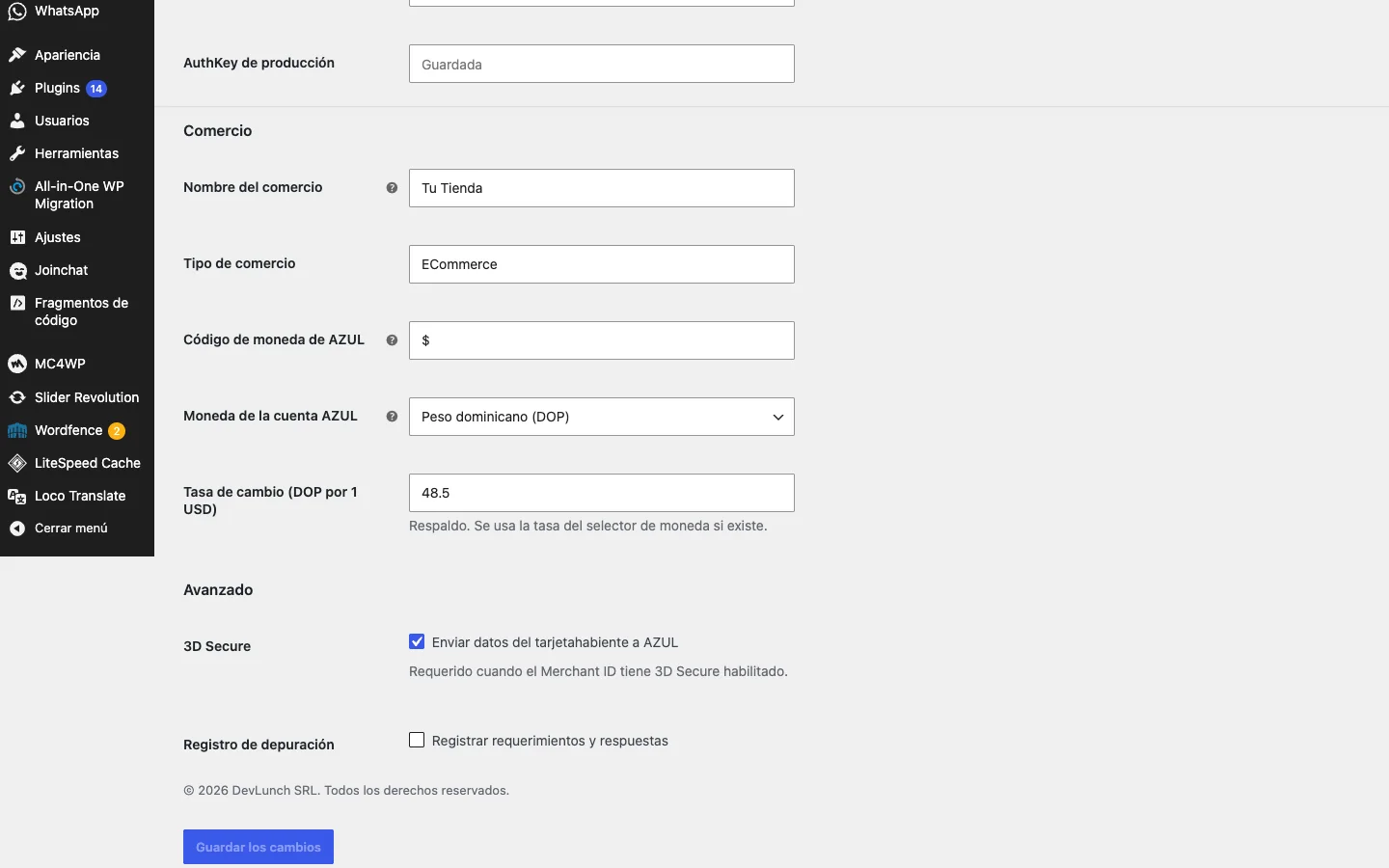 Azul plugin settings: merchant, AZUL account currency, exchange rate and 3D Secure