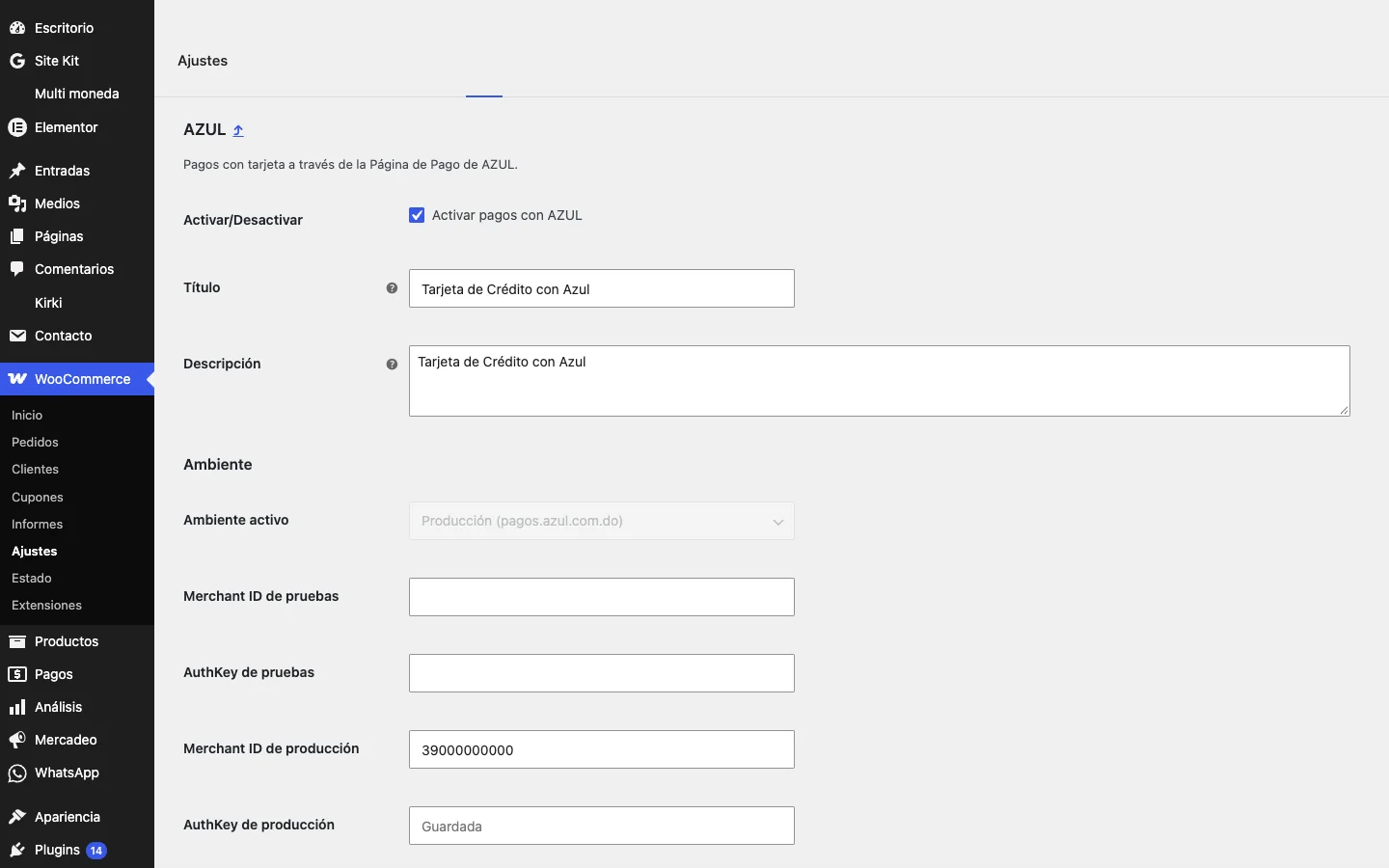 Azul Payments for WooCommerce settings in WordPress: title, description and environment