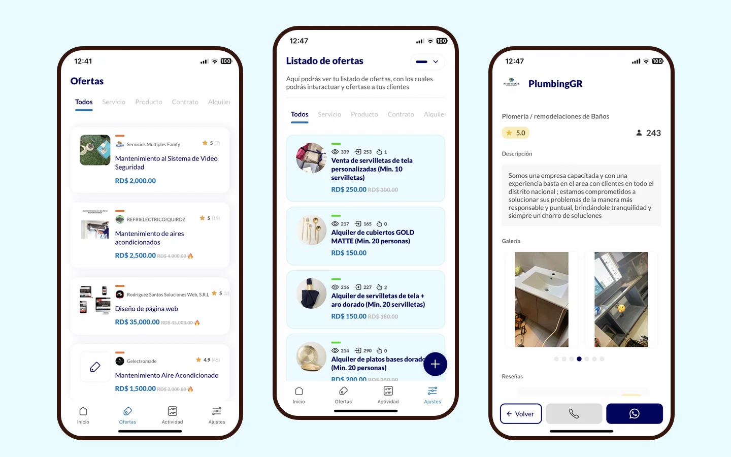 Contrata app screens: offers marketplace, provider offers list and provider profile