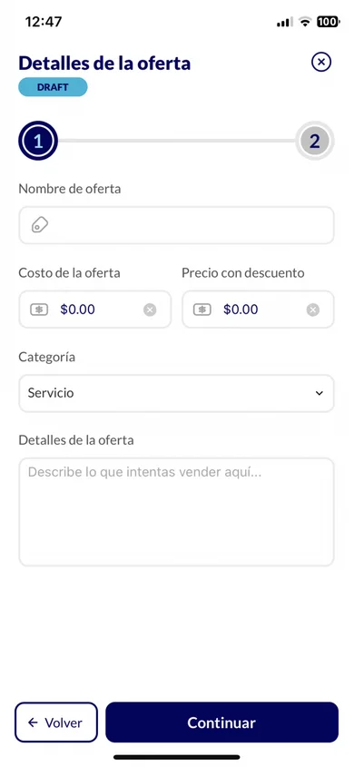 Offer form, step one: name, price, discount and category