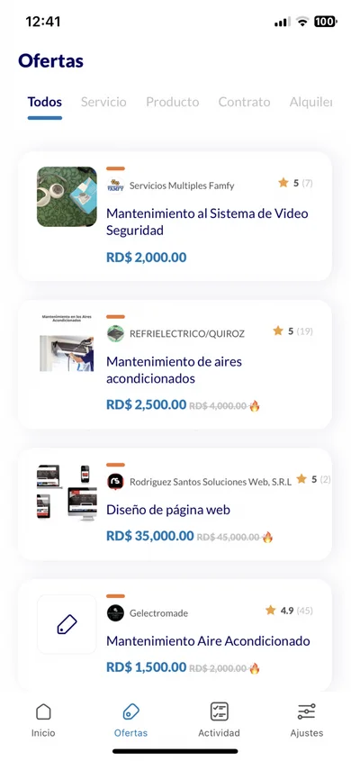 Contrata app offers marketplace with categories and prices in RD$
