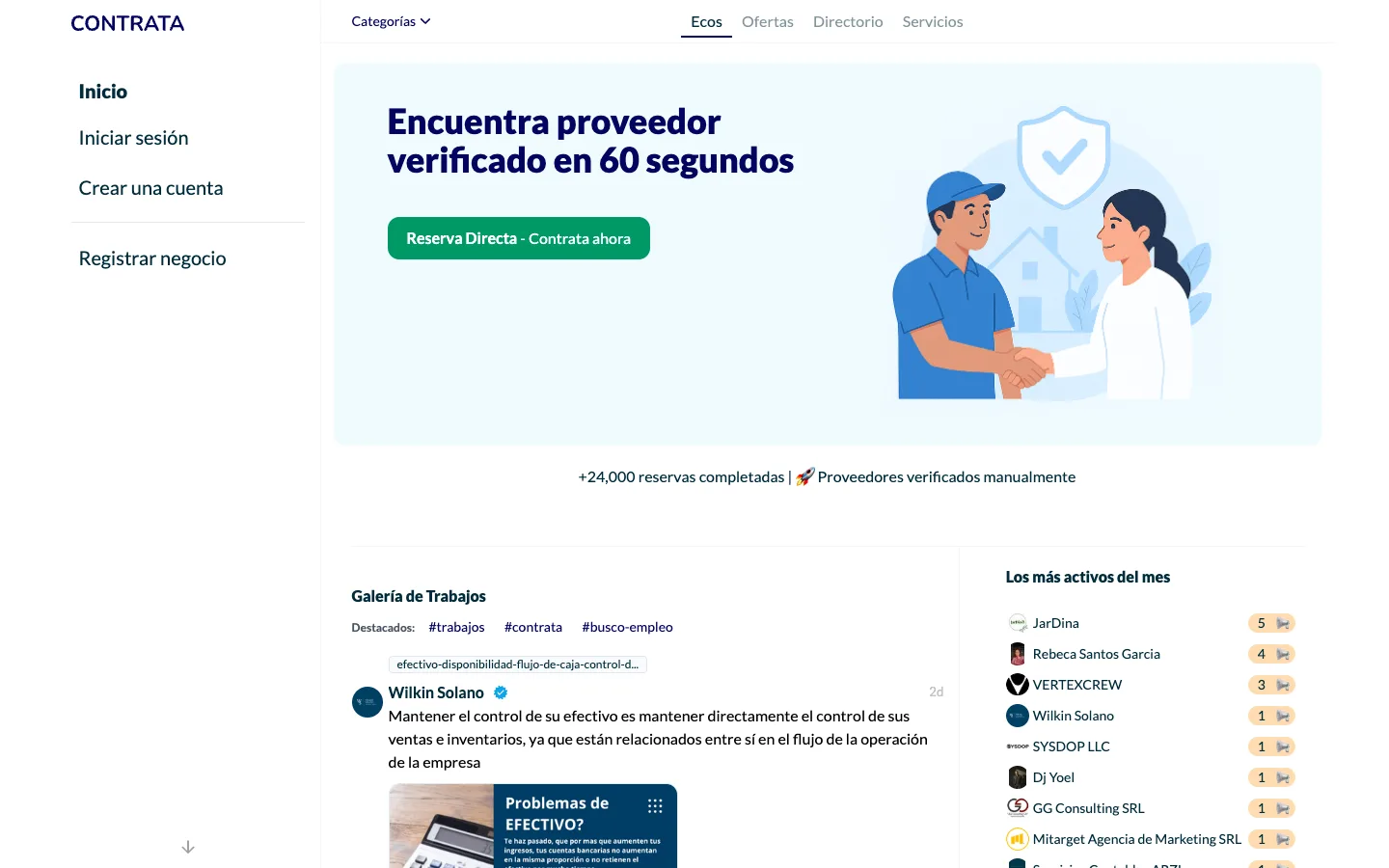 Contrata.com home page to hire technicians and home service providers in the Dominican Republic