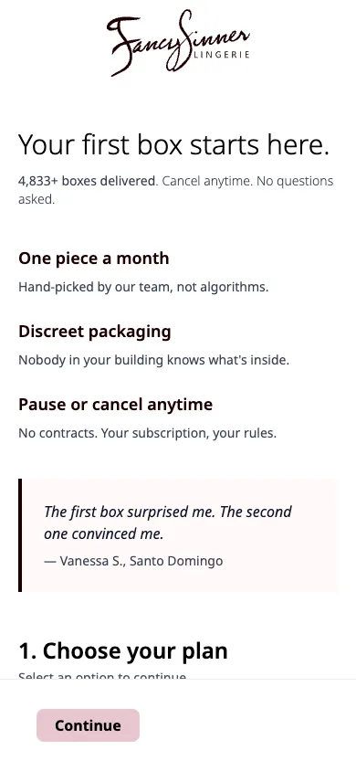 Fancy Sinner subscription page on mobile