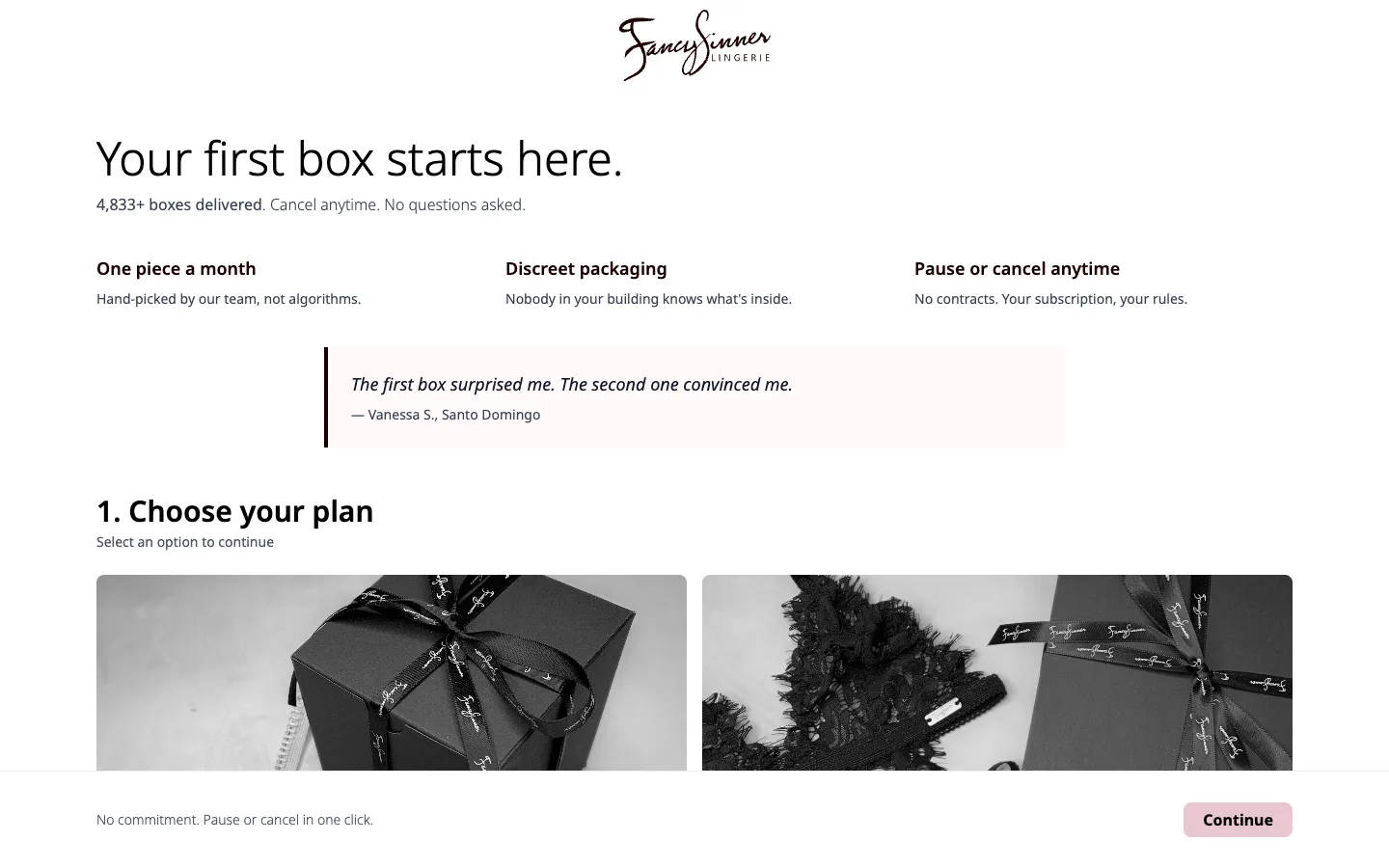 Fancy Sinner subscription page: Your first box starts here