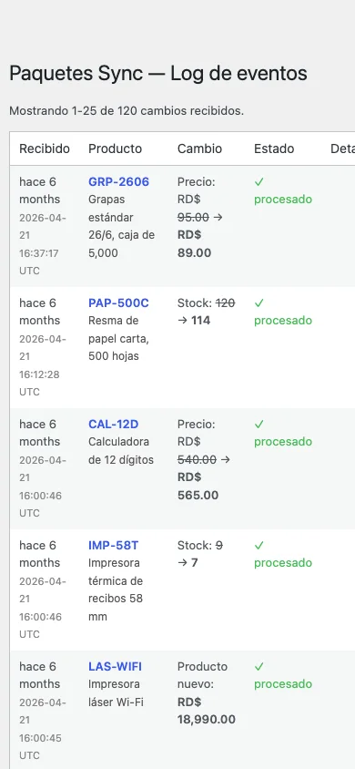 Paquetes Sync event log on mobile