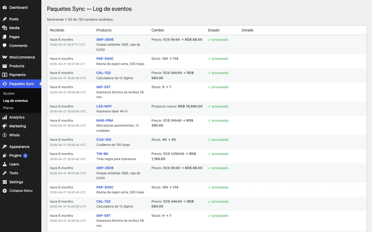 Paquetes Sync event log in WordPress: price changes per product with before and after