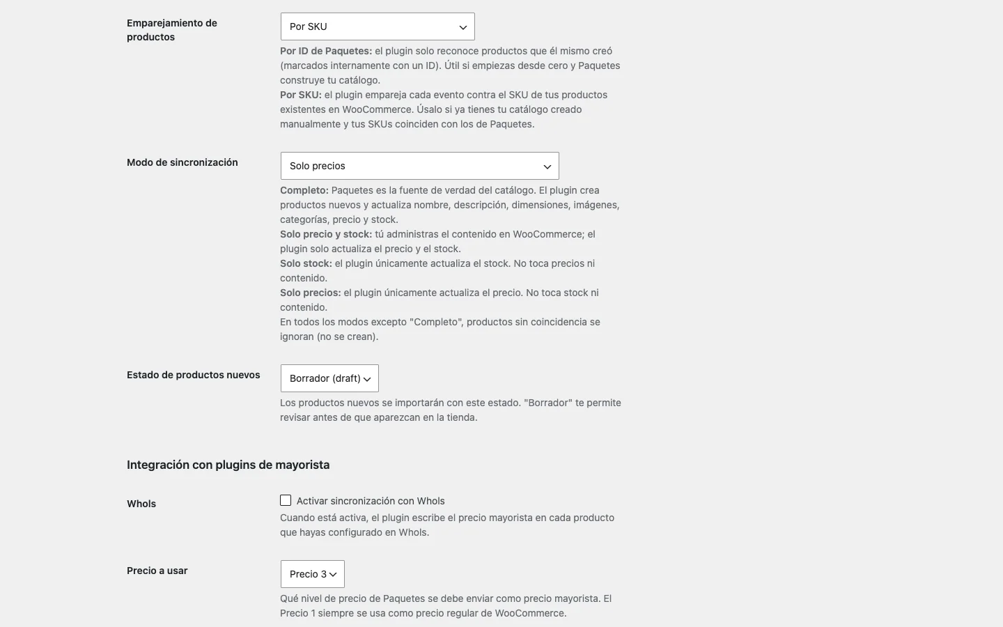 Paquetes Sync settings: product matching, sync mode and new product status
