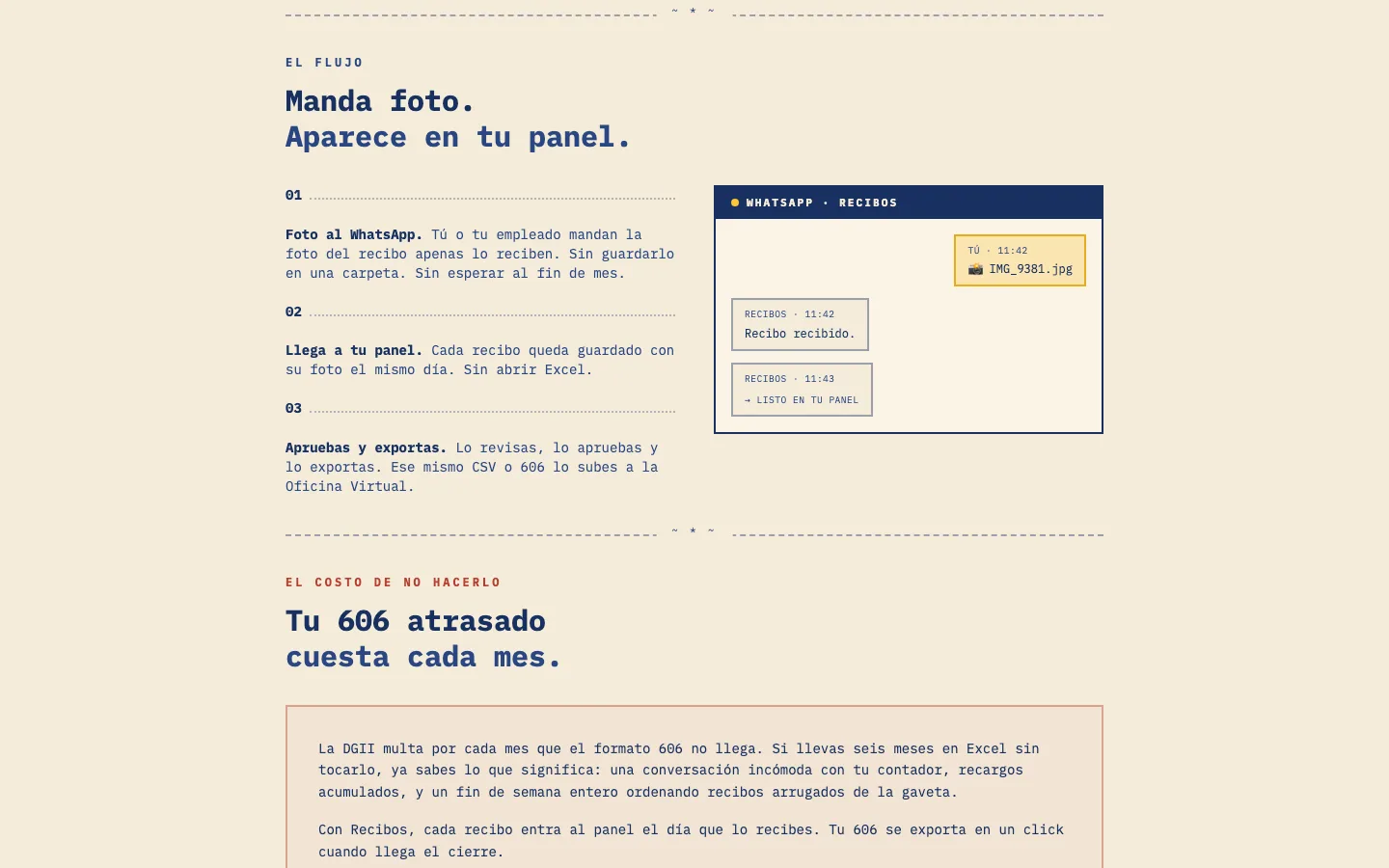 Recibos.do flow: send a photo and the receipt appears in the panel