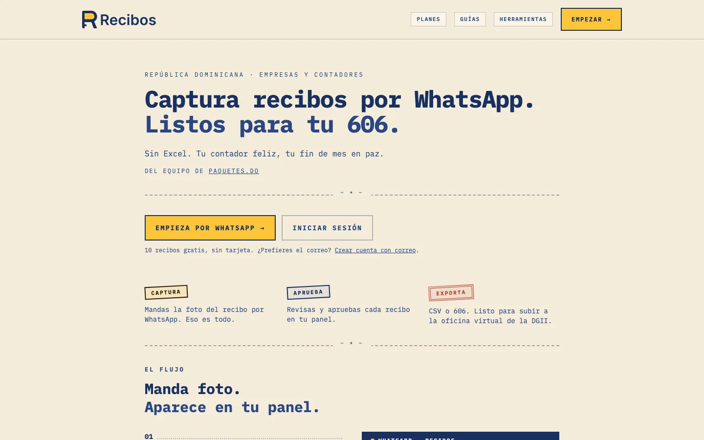 Recibos.do home page: capture receipts over WhatsApp, ready for your 606